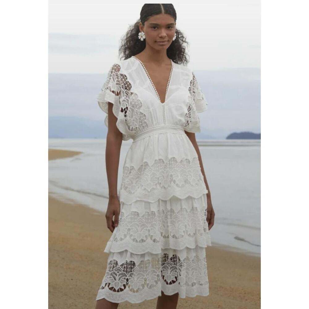 NWT FARM Rio White Tiered Lace Midi Dress